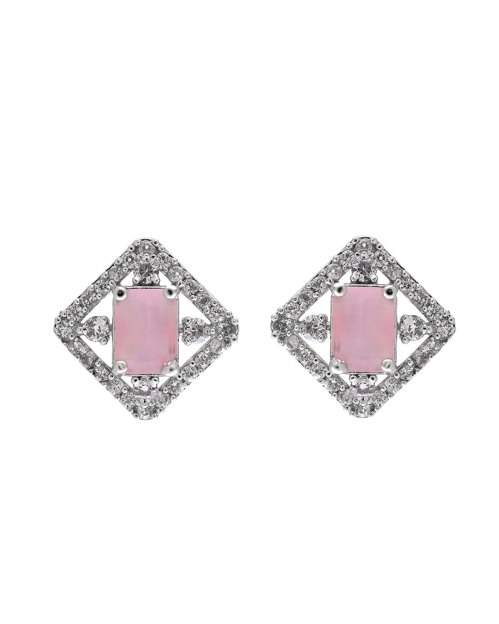 VOJ Silver Plated Baby Pink Rectangular Stone Square Pendant With Chain Set | Grocsy