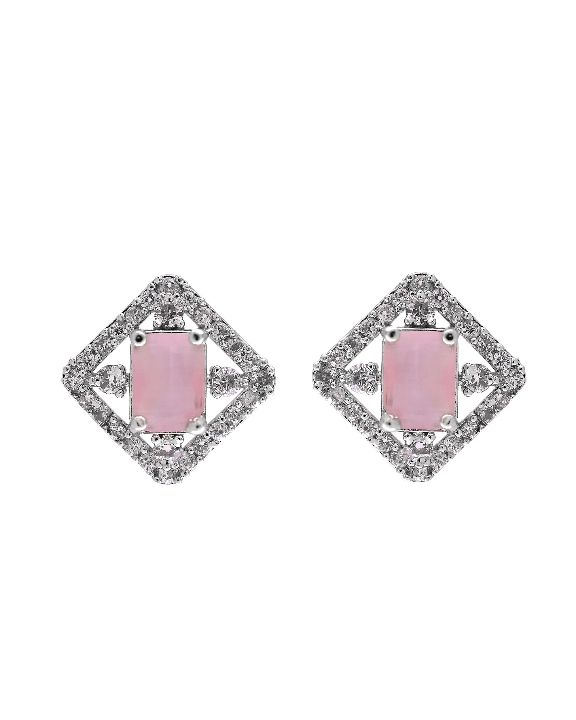 VOJ Silver Plated Baby Pink Rectangular Stone Square Pendant With Chain Set | Grocsy