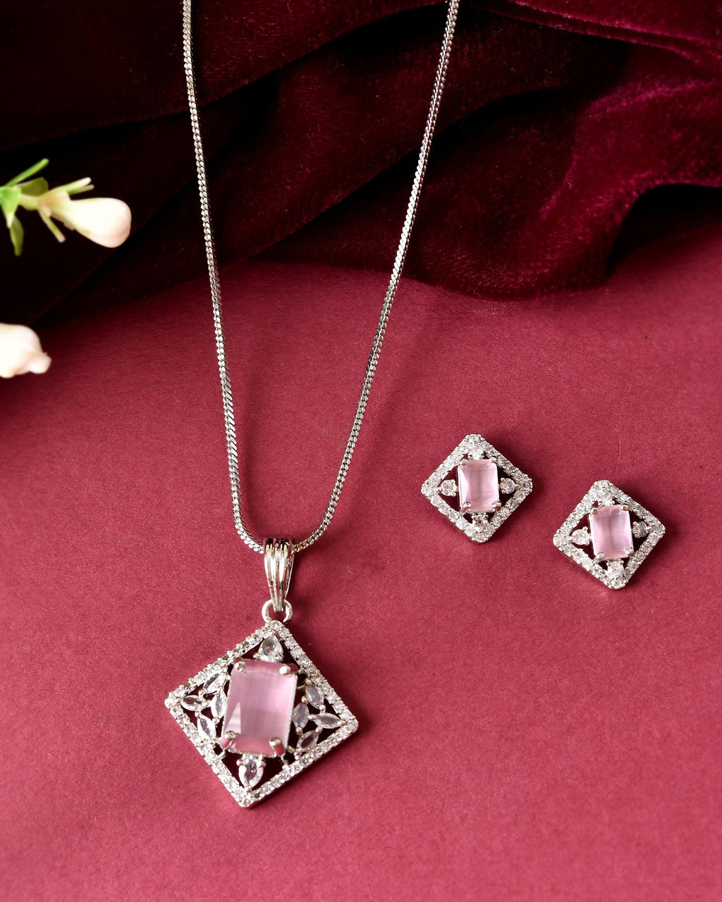 VOJ Silver Plated Baby Pink Rectangular Stone Square Pendant With Chain Set | Grocsy
