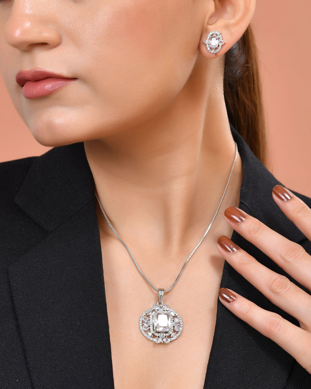 VOJ Silver Plated Rectangular Stone Studded Ad Chain Set | Grocsy