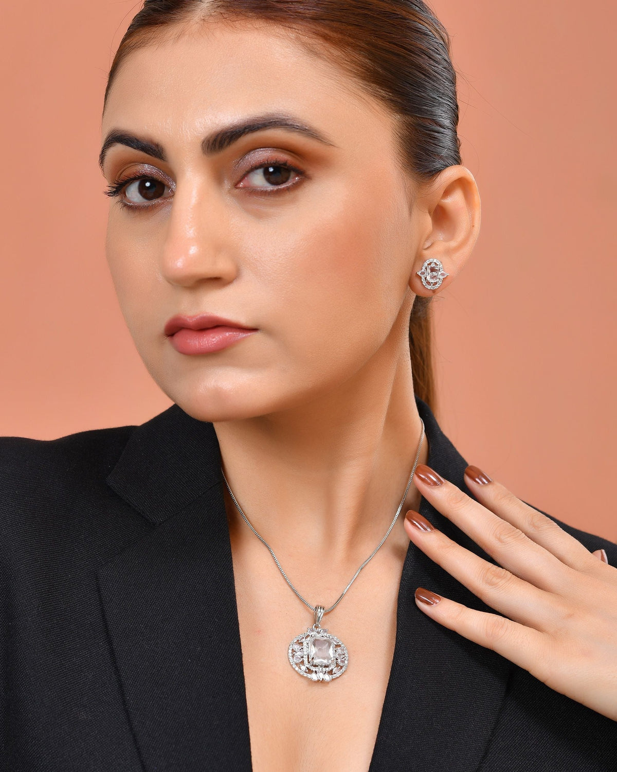 VOJ Silver Plated Rectangular Stone Studded Ad Chain Set | Grocsy