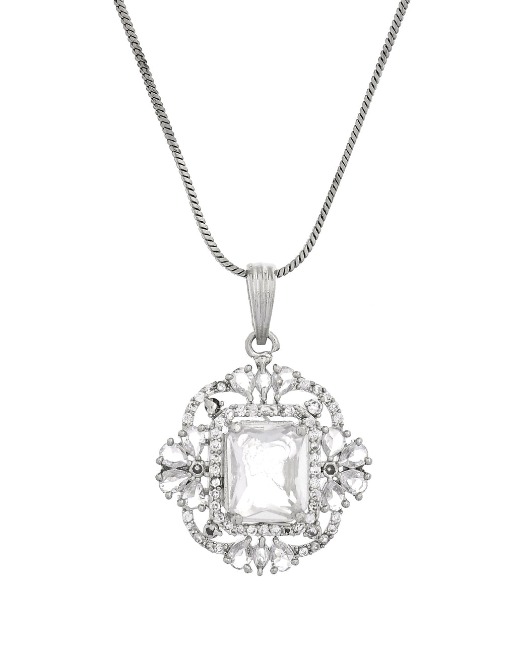 VOJ Silver Plated Rectangular Stone Studded Ad Chain Set | Grocsy