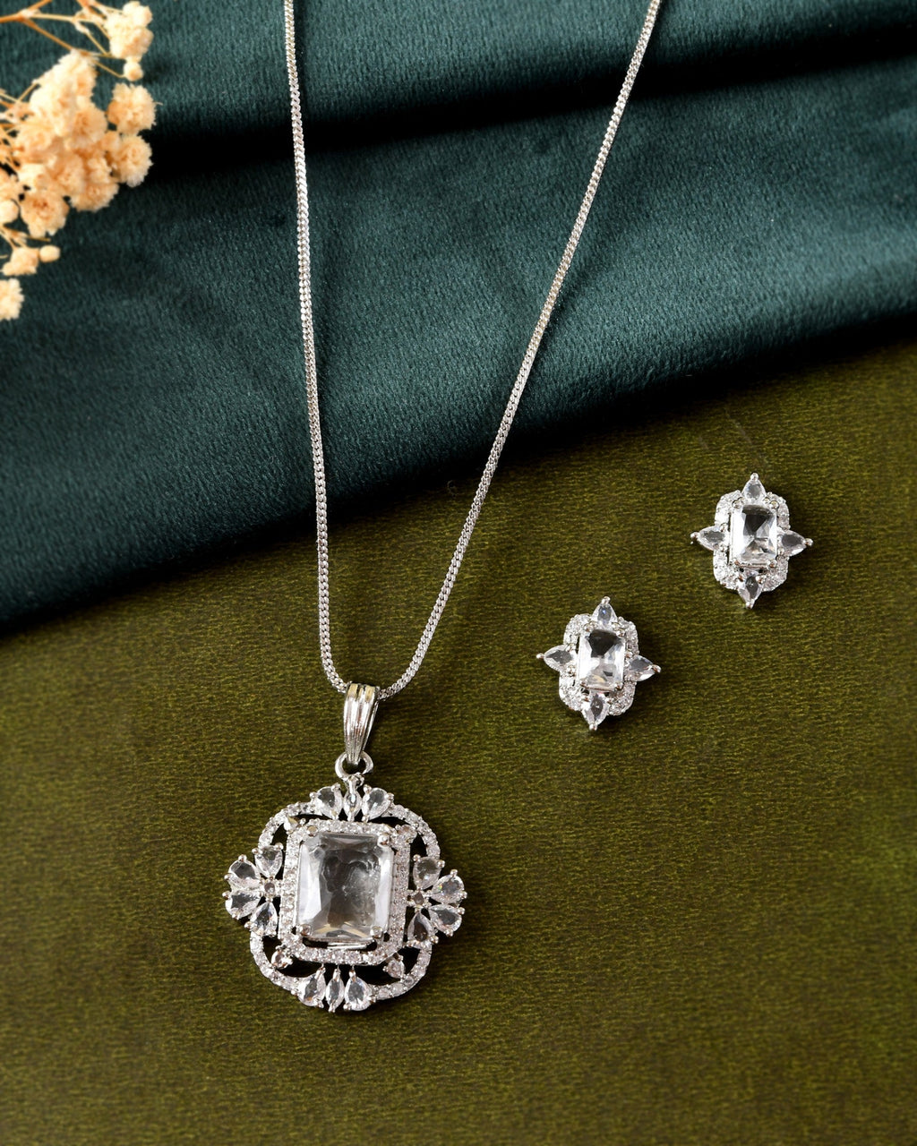 VOJ Silver Plated Rectangular Stone Studded Ad Chain Set | Grocsy