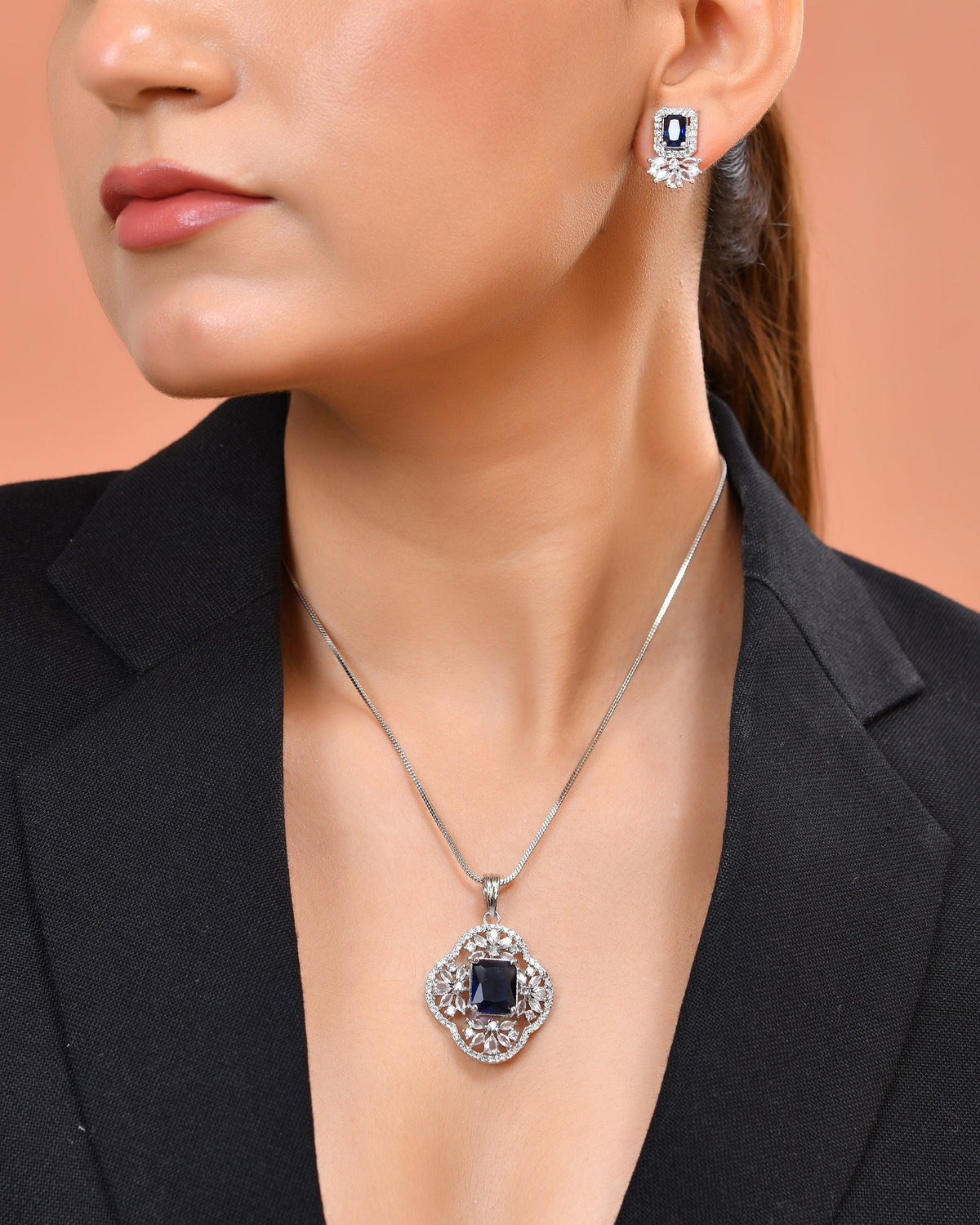 VOJ Silver Plated Blue Rectangular Stone Studded Ad Chain Set | Grocsy