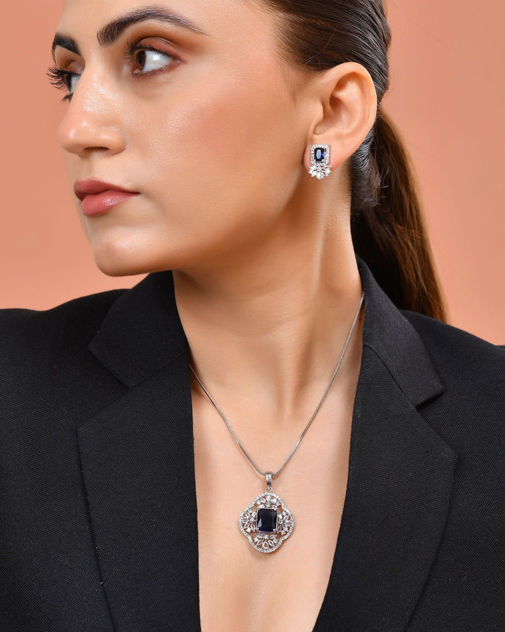 VOJ Silver Plated Blue Rectangular Stone Studded Ad Chain Set | Grocsy