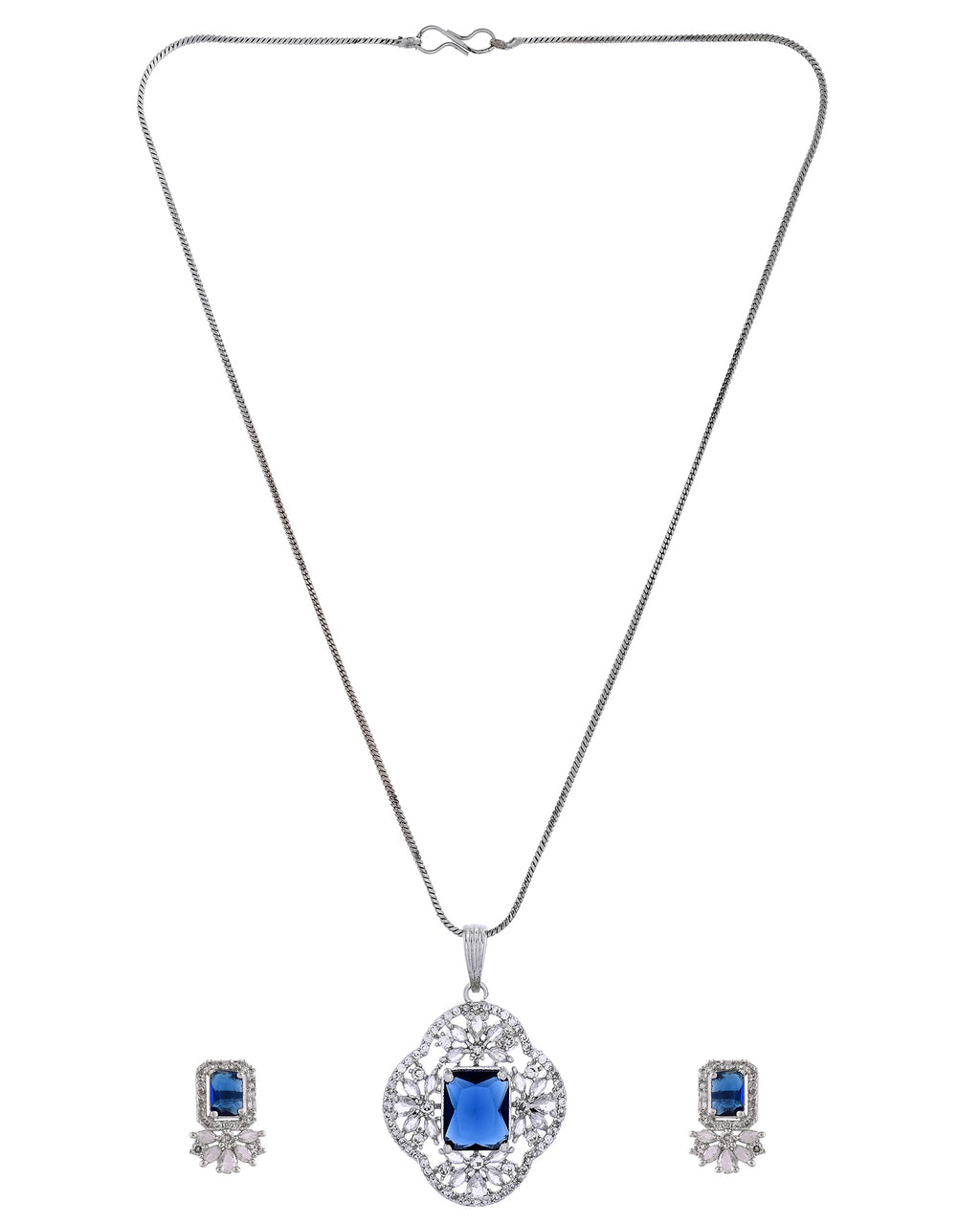 VOJ Silver Plated Blue Rectangular Stone Studded Ad Chain Set | Grocsy
