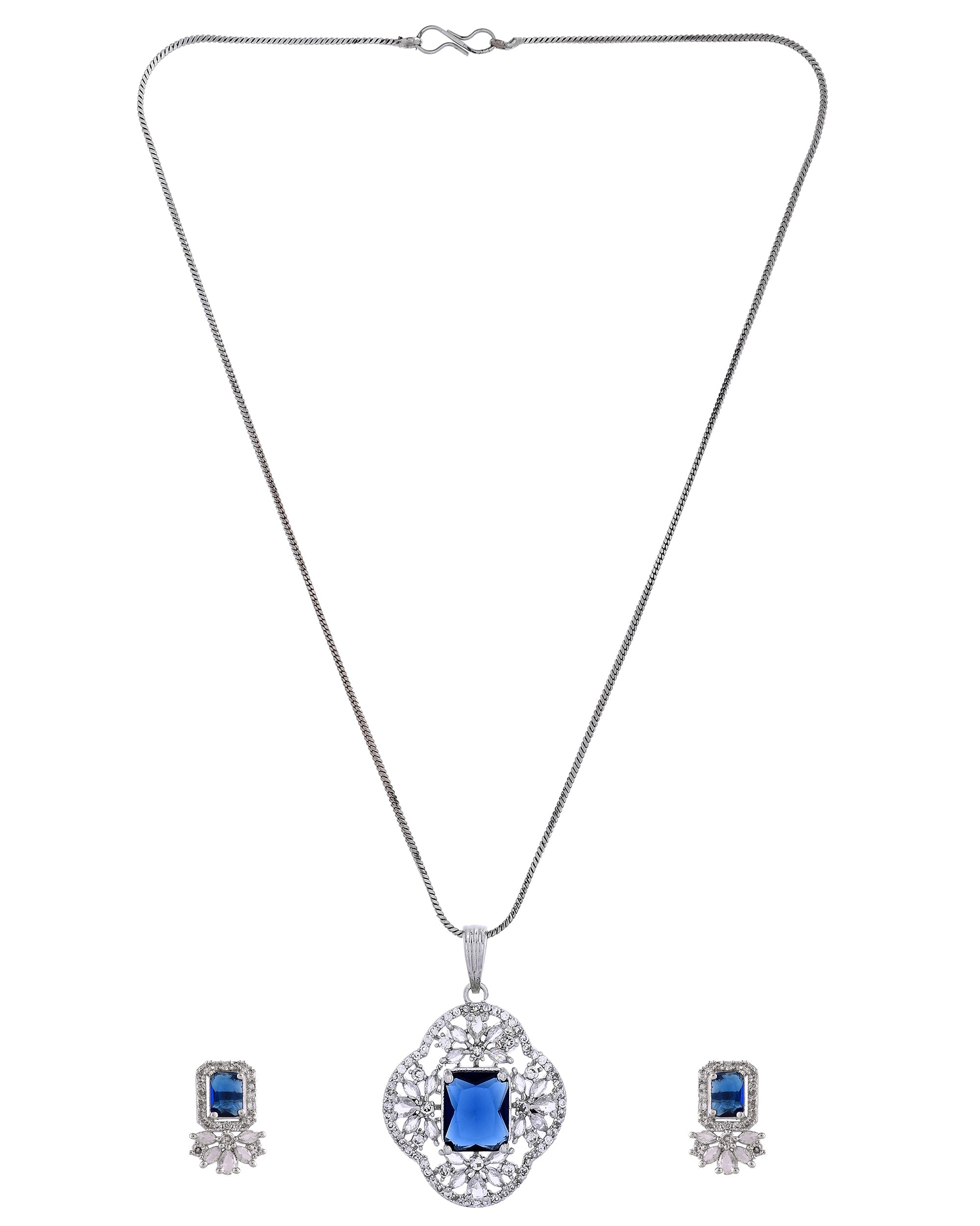 VOJ Silver Plated Blue Rectangular Stone Studded Ad Chain Set | Grocsy