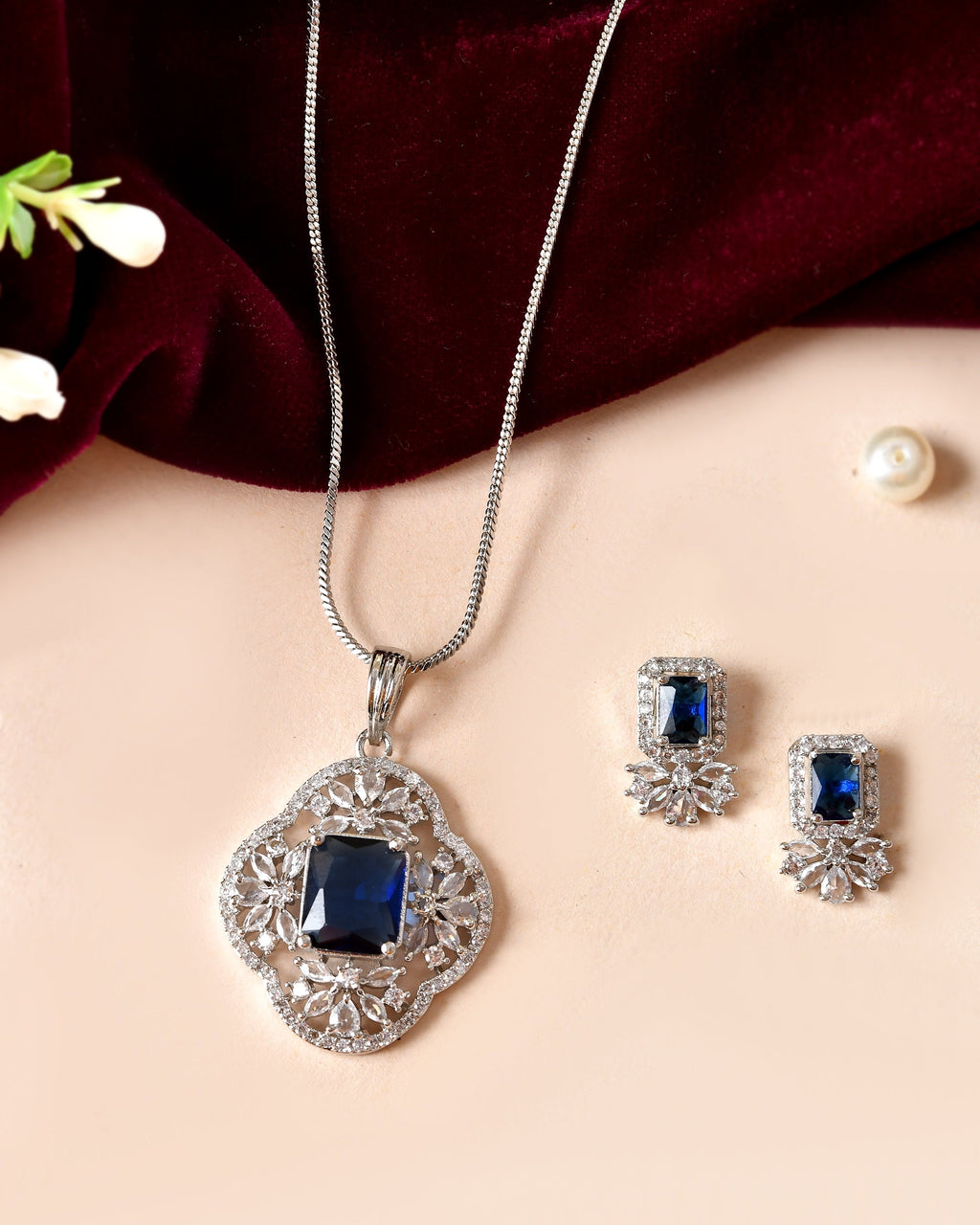 VOJ Silver Plated Blue Rectangular Stone Studded Ad Chain Set | Grocsy