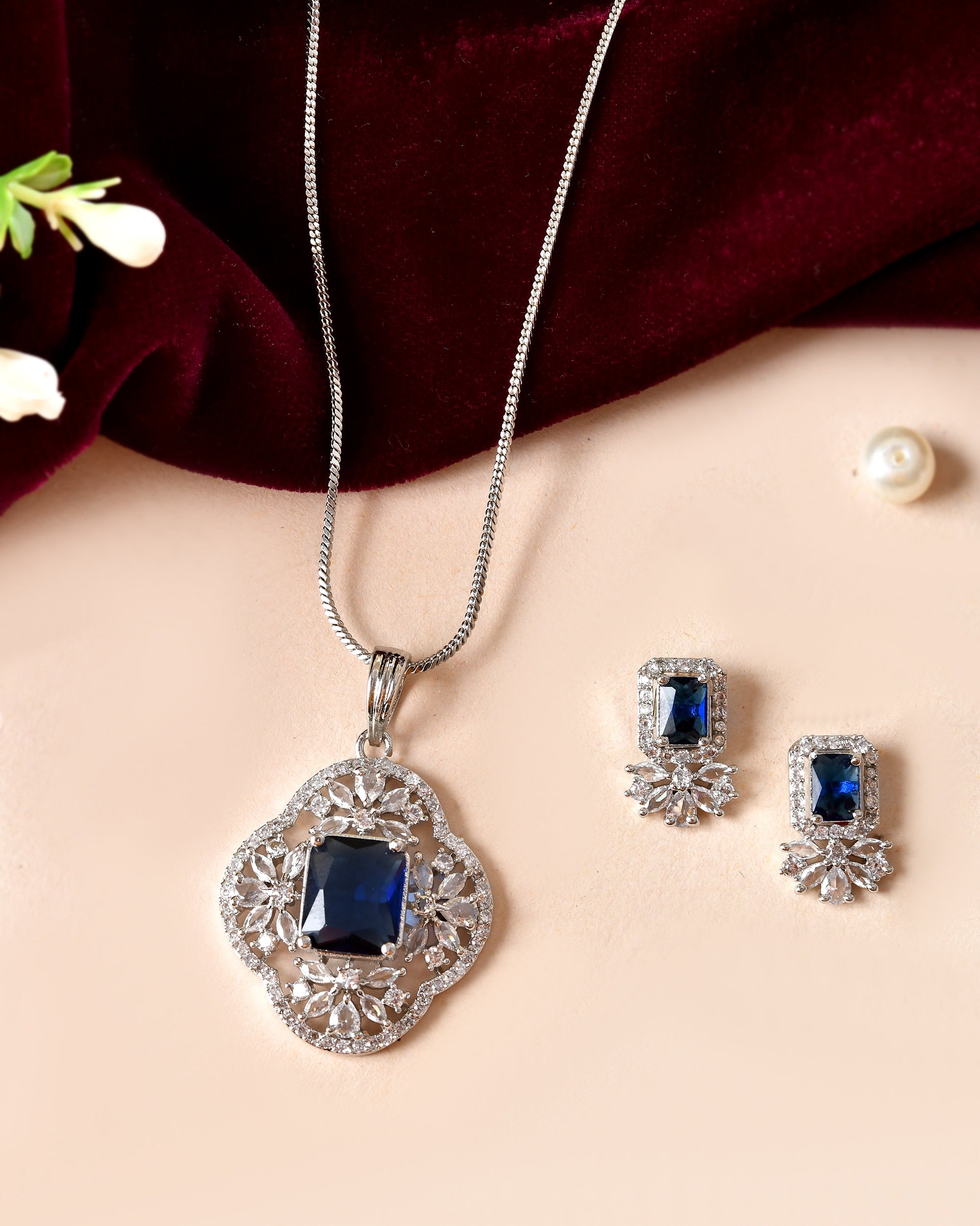 VOJ Silver Plated Blue Rectangular Stone Studded Ad Chain Set | Grocsy