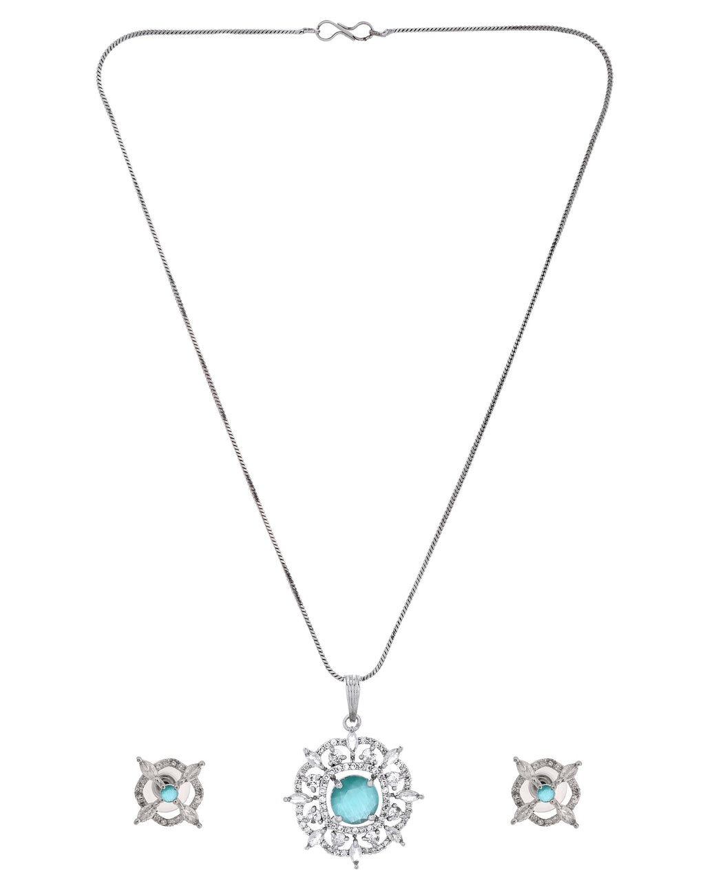 VOJ Silver Plated Sea Green Circulare Stone Studded Sun Shaped Ad Pendant With Chain Set | Grocsy