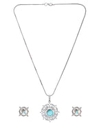 VOJ Silver Plated Sea Green Circulare Stone Studded Sun Shaped Ad Pendant With Chain Set | Grocsy