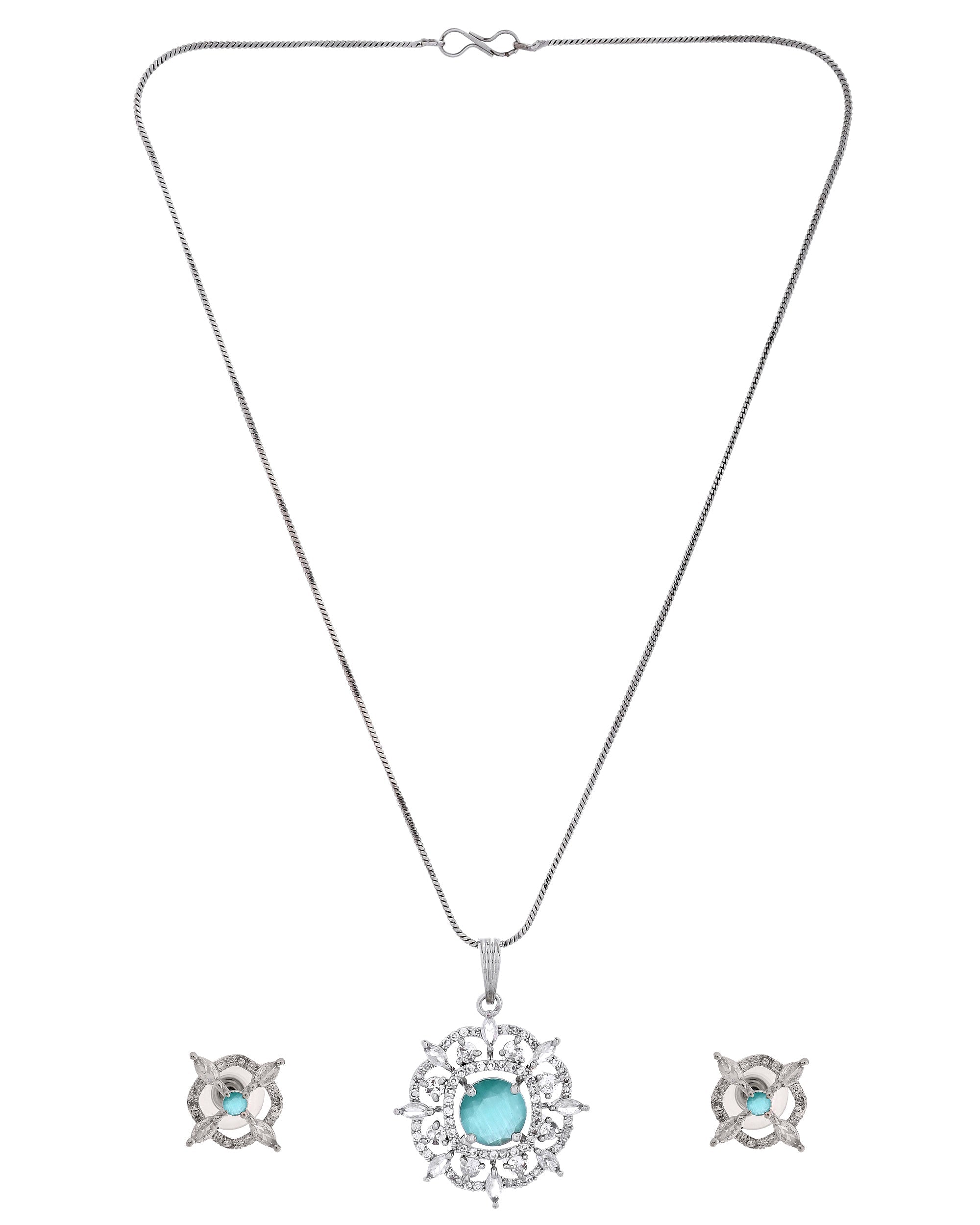 VOJ Silver Plated Sea Green Circulare Stone Studded Sun Shaped Ad Pendant With Chain Set | Grocsy