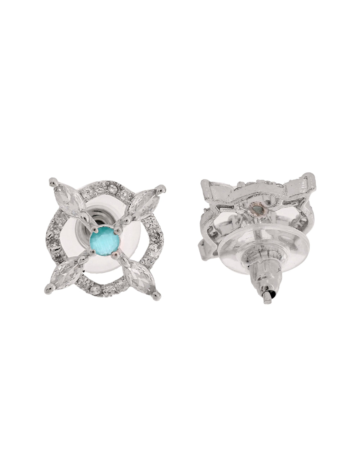 VOJ Silver Plated Sea Green Circulare Stone Studded Sun Shaped Ad Pendant With Chain Set | Grocsy