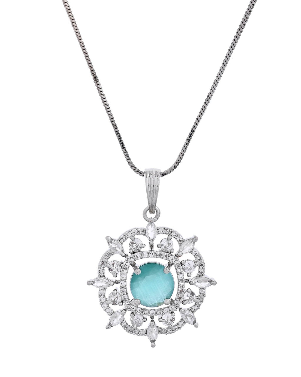 VOJ Silver Plated Sea Green Circulare Stone Studded Sun Shaped Ad Pendant With Chain Set | Grocsy