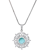 VOJ Silver Plated Sea Green Circulare Stone Studded Sun Shaped Ad Pendant With Chain Set | Grocsy