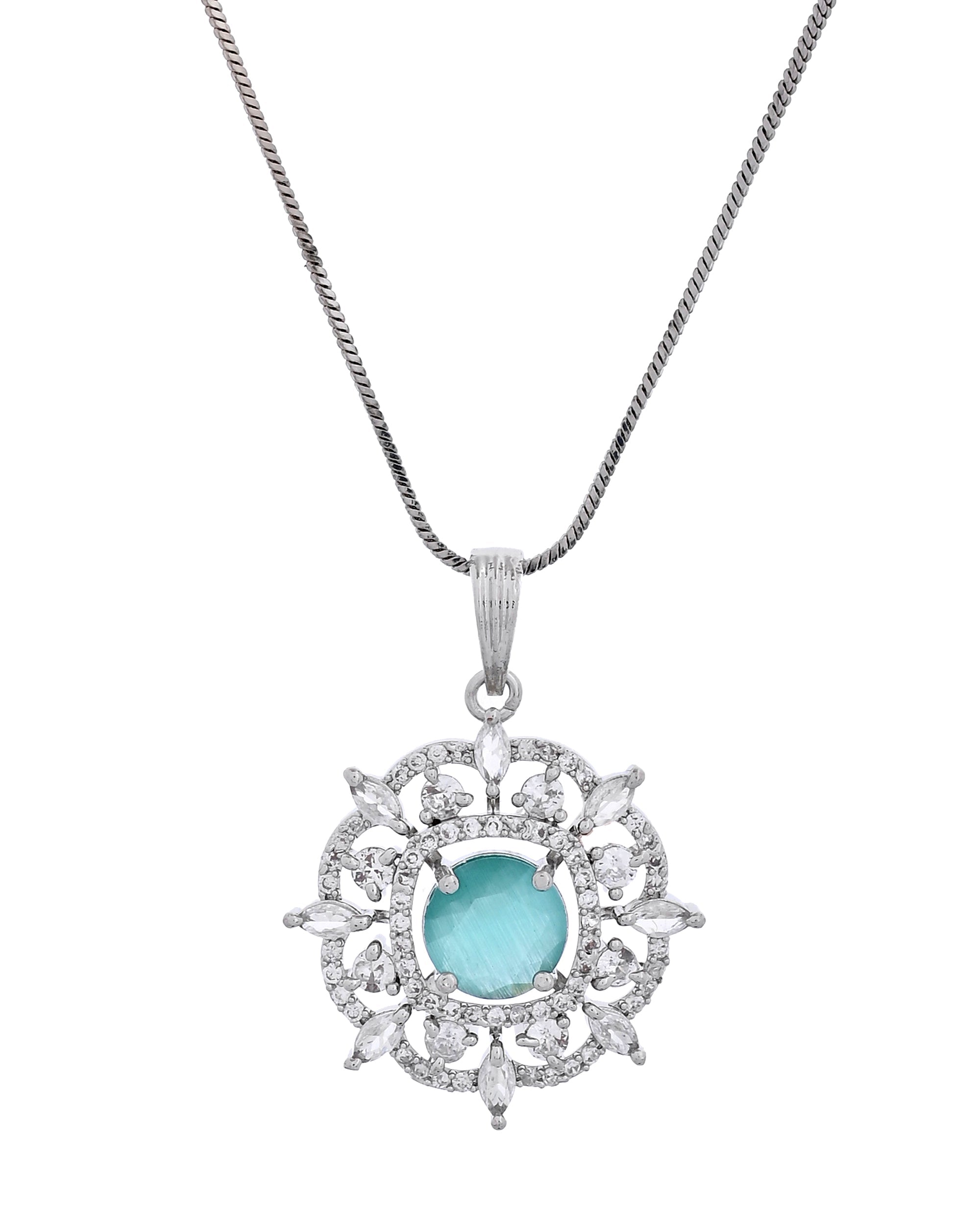 VOJ Silver Plated Sea Green Circulare Stone Studded Sun Shaped Ad Pendant With Chain Set | Grocsy