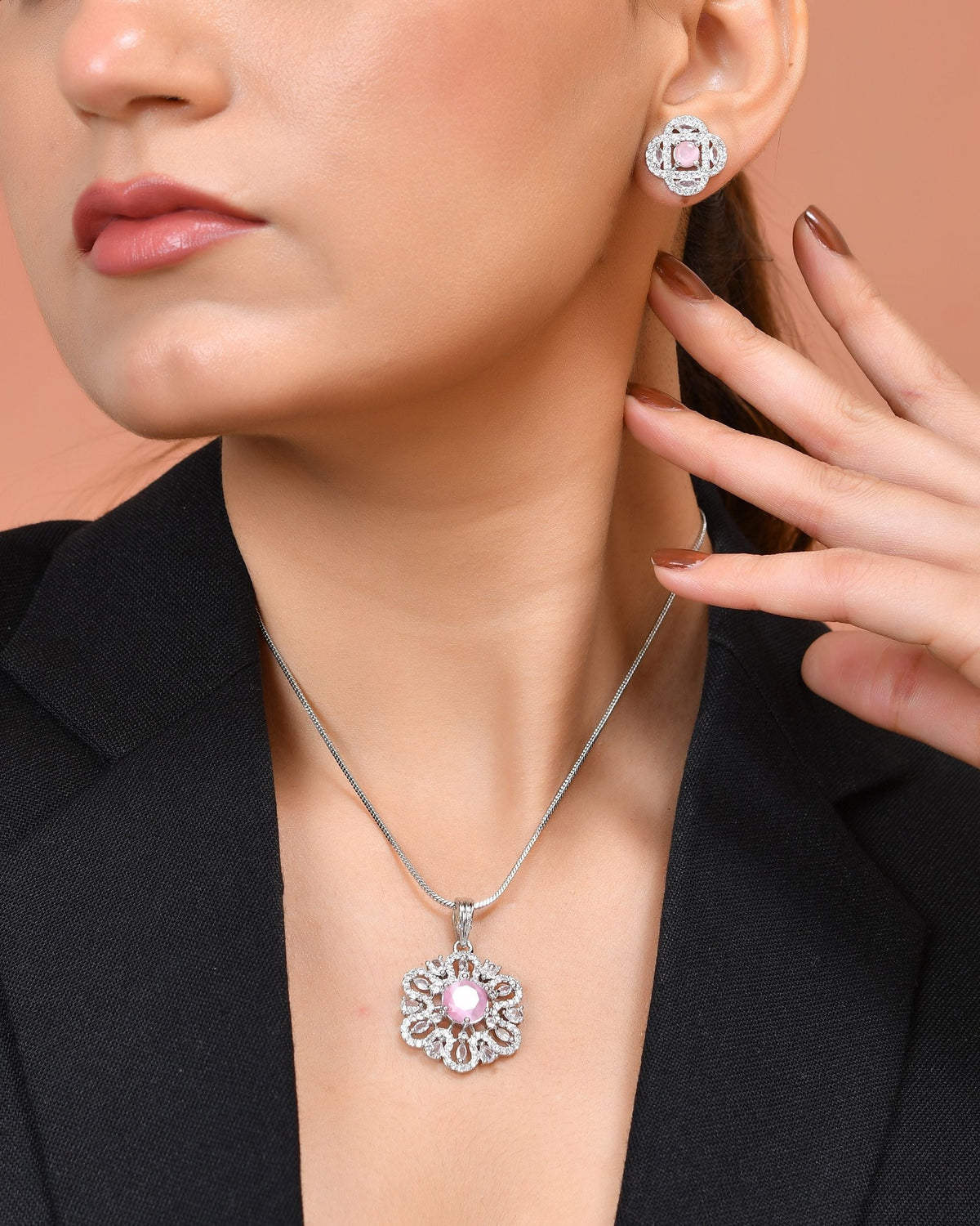 VOJ Silver Plated Floral Shaped Baby Pink Circular Ad Chain Set | Grocsy