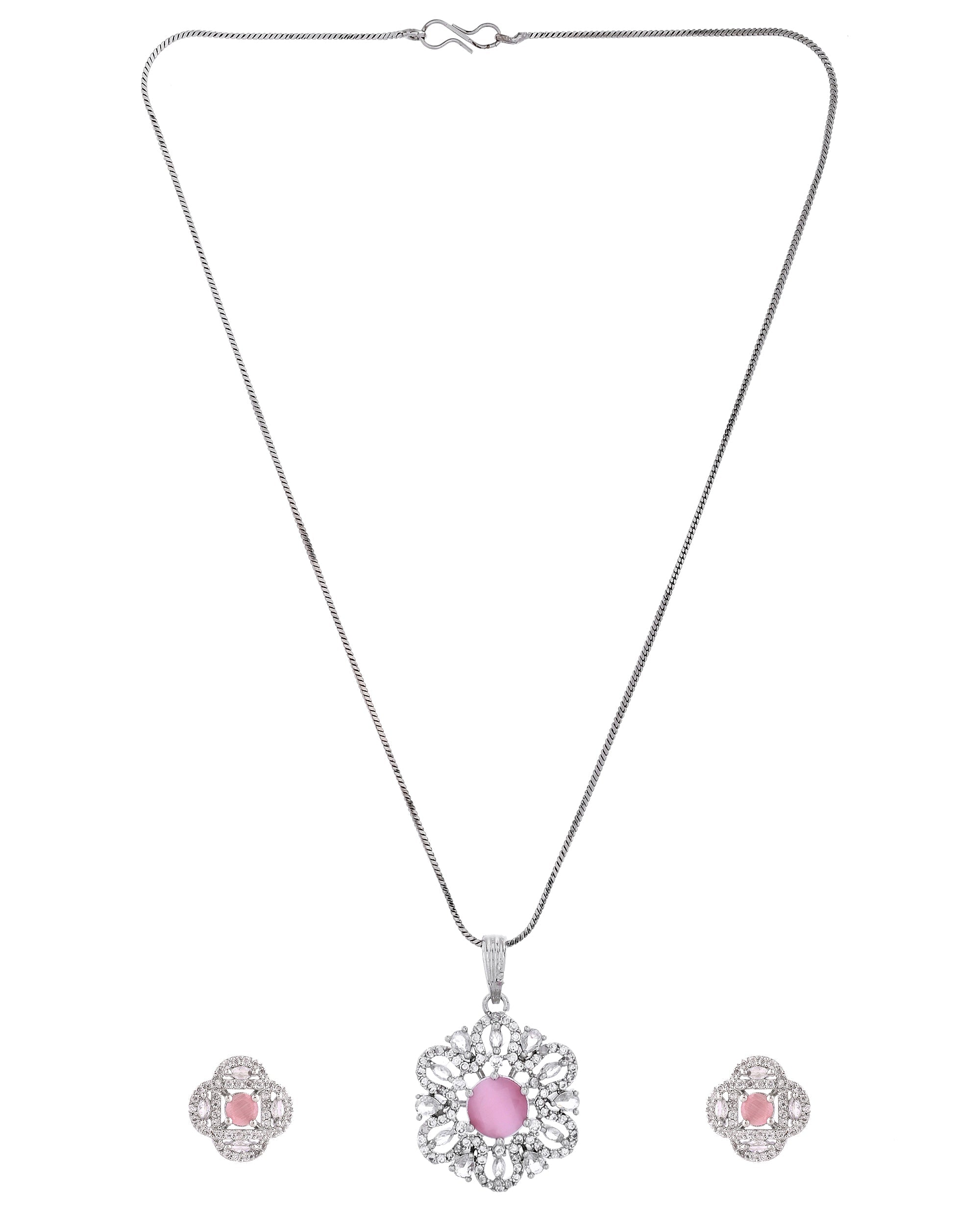 VOJ Silver Plated Floral Shaped Baby Pink Circular Ad Chain Set | Grocsy