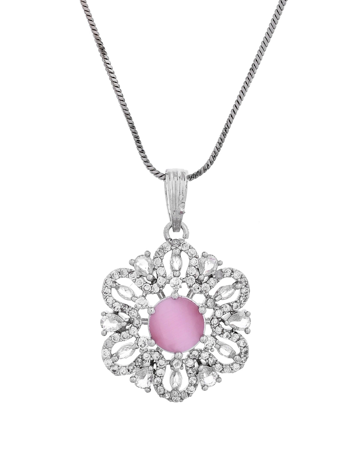 VOJ Silver Plated Floral Shaped Baby Pink Circular Ad Chain Set | Grocsy