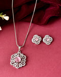 VOJ Silver Plated Floral Shaped Baby Pink Circular Ad Chain Set | Grocsy