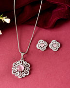 VOJ Silver Plated Floral Shaped Baby Pink Circular Ad Chain Set | Grocsy