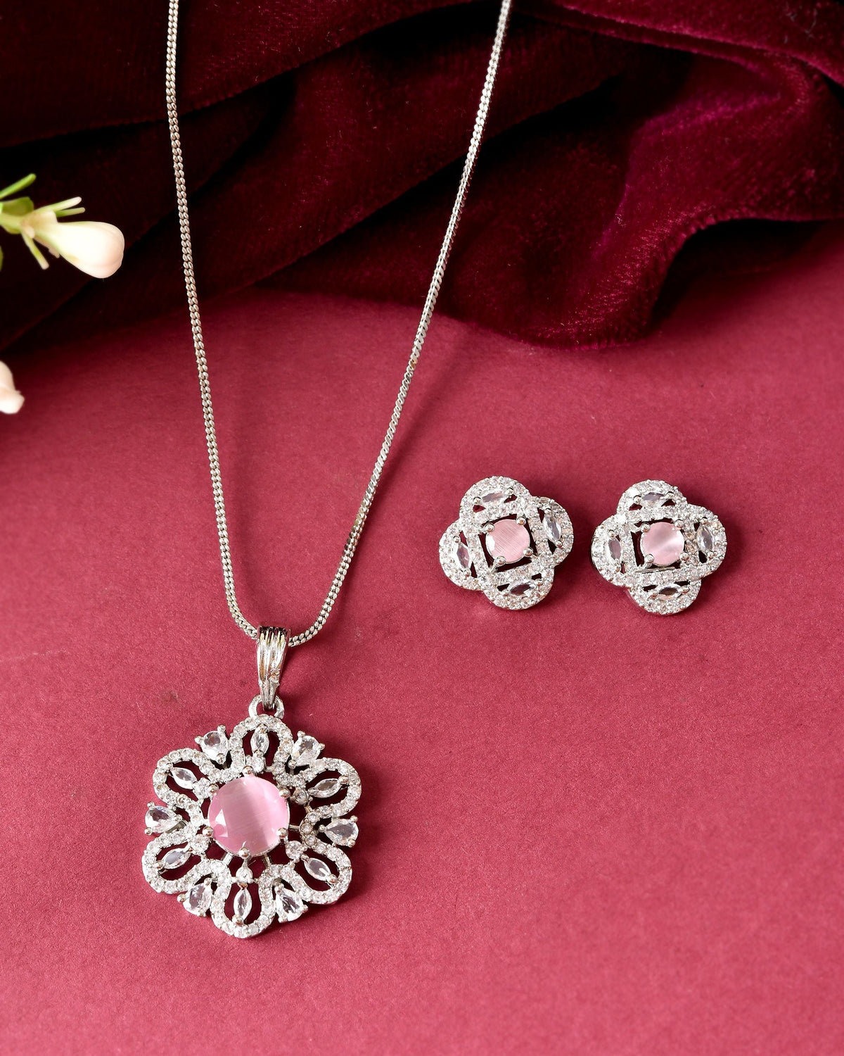 VOJ Silver Plated Floral Shaped Baby Pink Circular Ad Chain Set | Grocsy