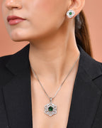 VOJ Silver Plated Floral Shaped Green Circular Ad Chain Set | Grocsy