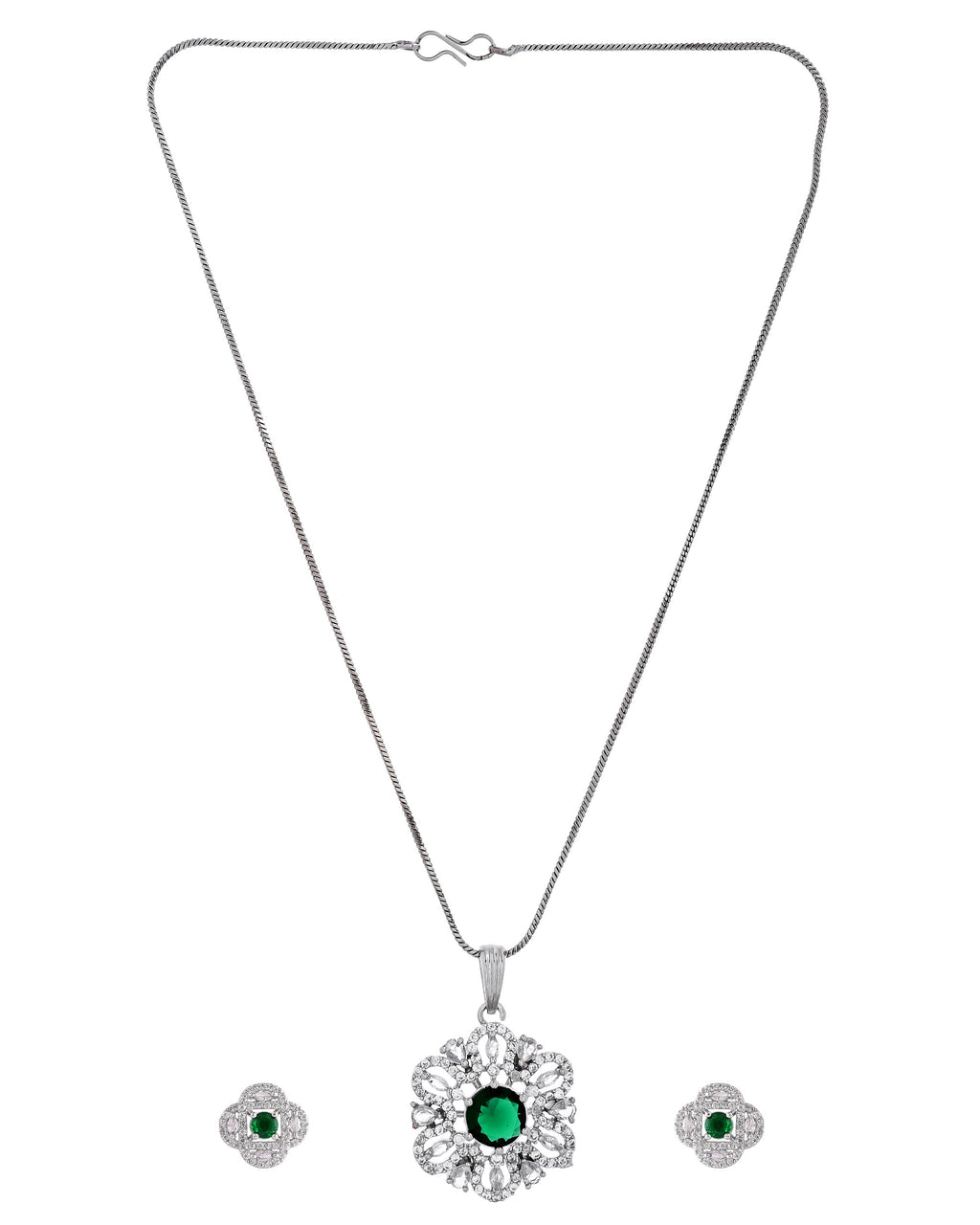 VOJ Silver Plated Floral Shaped Green Circular Ad Chain Set | Grocsy