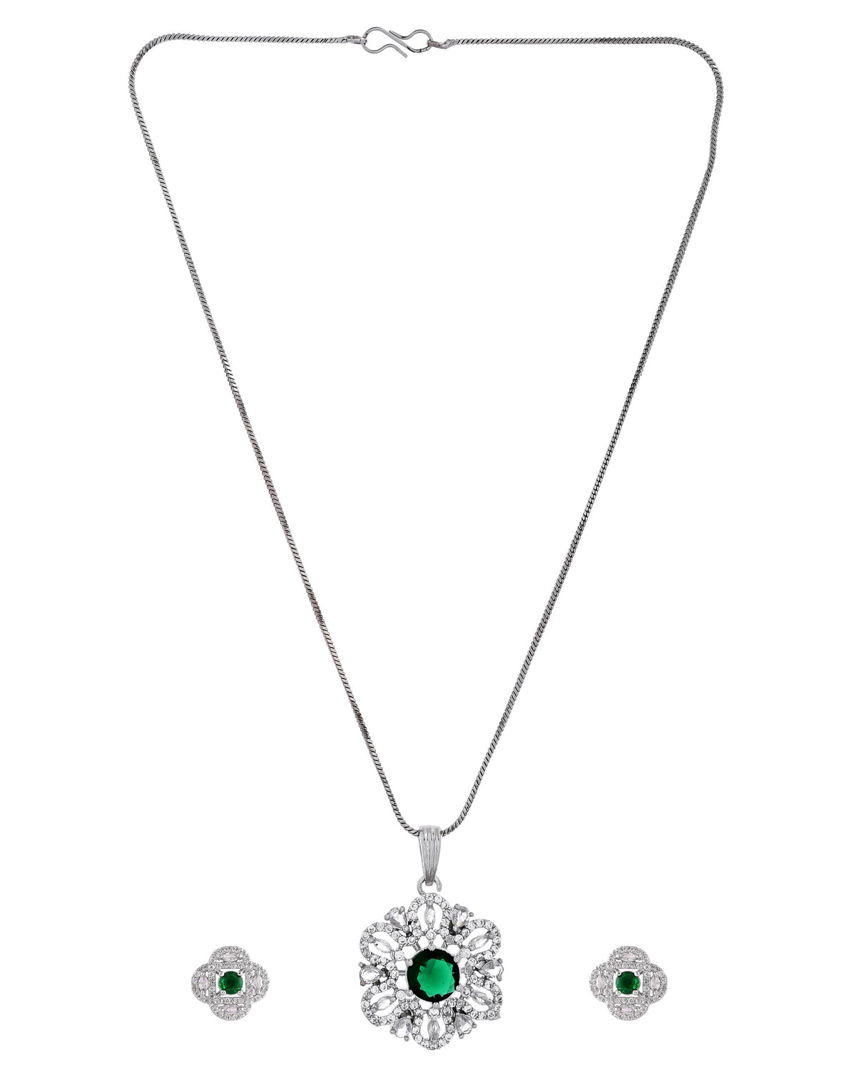 VOJ Silver Plated Floral Shaped Green Circular Ad Chain Set | Grocsy