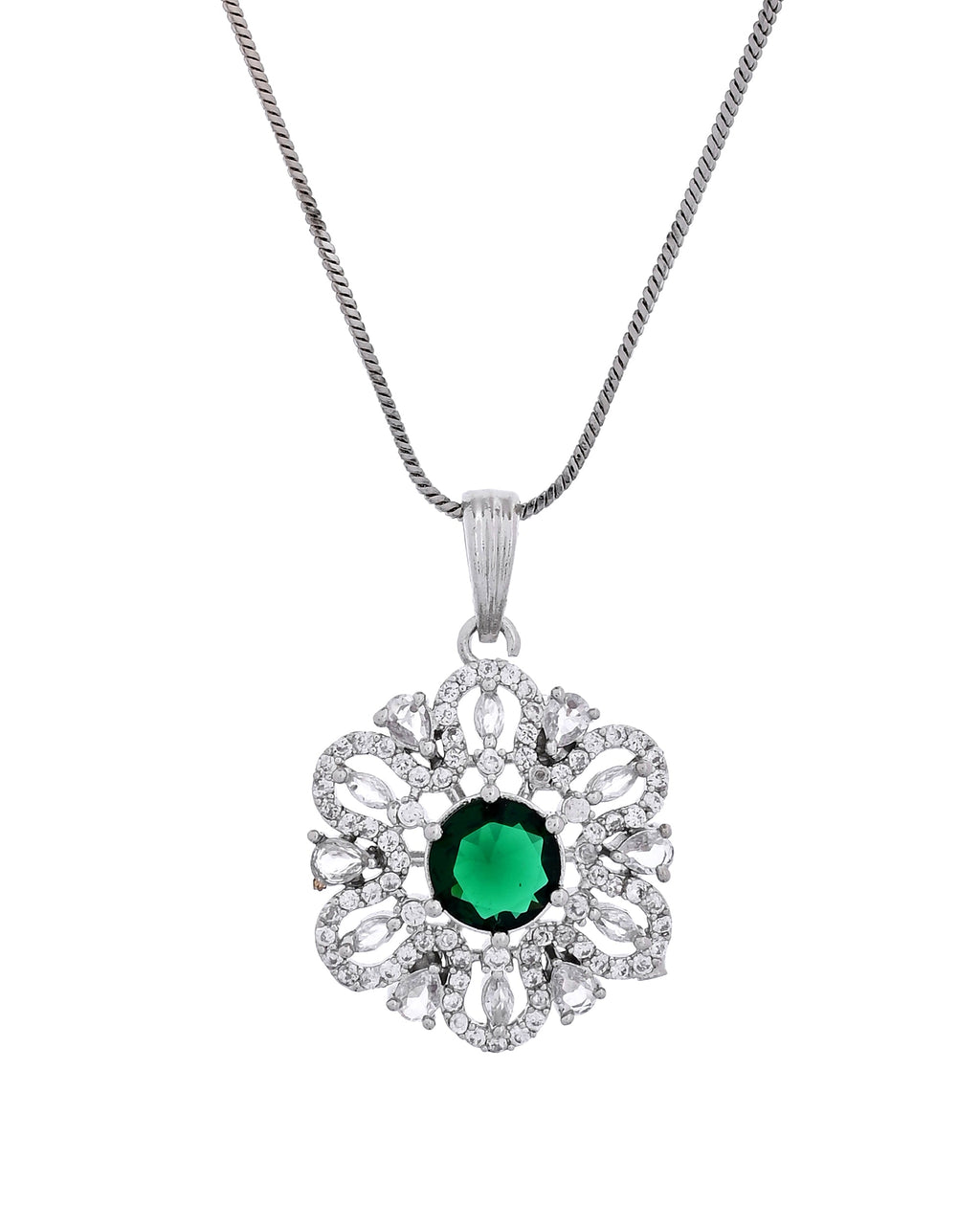 VOJ Silver Plated Floral Shaped Green Circular Ad Chain Set | Grocsy