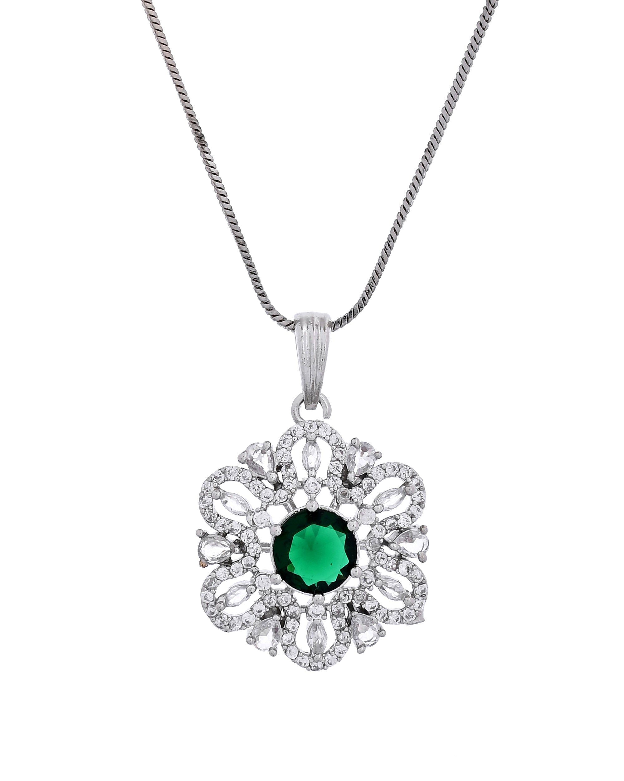 VOJ Silver Plated Floral Shaped Green Circular Ad Chain Set | Grocsy