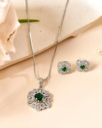 VOJ Silver Plated Floral Shaped Green Circular Ad Chain Set | Grocsy