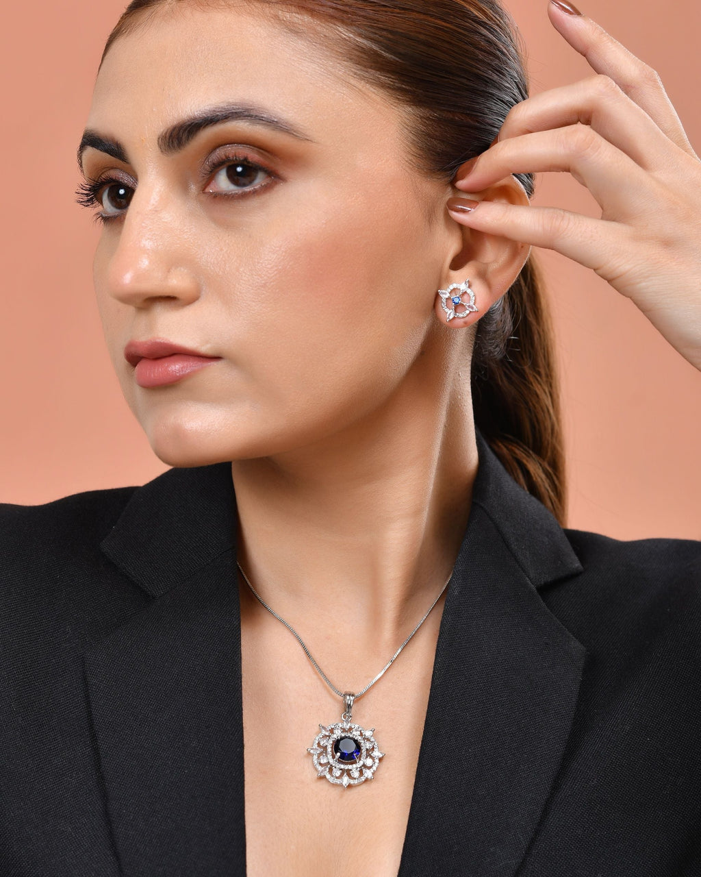 VOJ Silver Plated Blue Circular Stone Studded Sun Shaped Ad Pendant With Chain Set | Grocsy