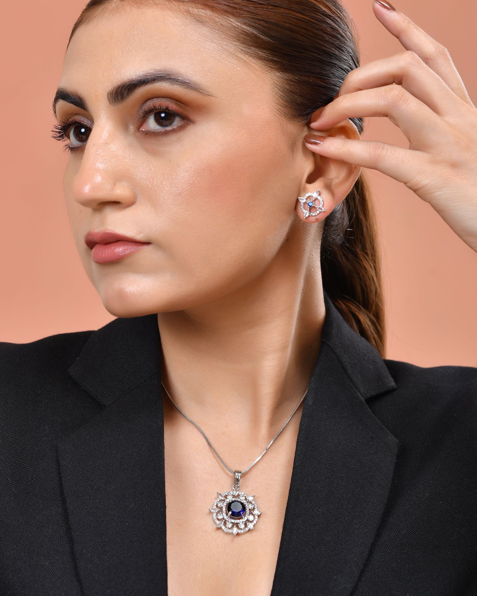 VOJ Silver Plated Blue Circular Stone Studded Sun Shaped Ad Pendant With Chain Set | Grocsy