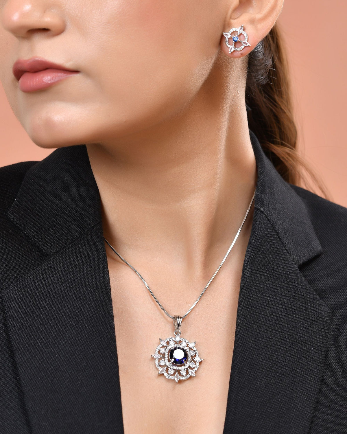 VOJ Silver Plated Blue Circular Stone Studded Sun Shaped Ad Pendant With Chain Set | Grocsy