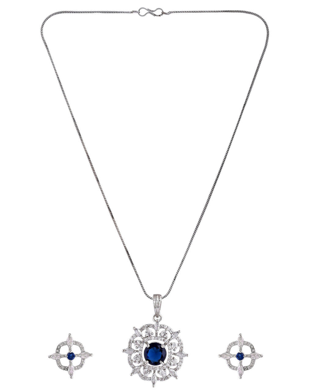 VOJ Silver Plated Blue Circular Stone Studded Sun Shaped Ad Pendant With Chain Set | Grocsy