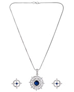 VOJ Silver Plated Blue Circular Stone Studded Sun Shaped Ad Pendant With Chain Set | Grocsy