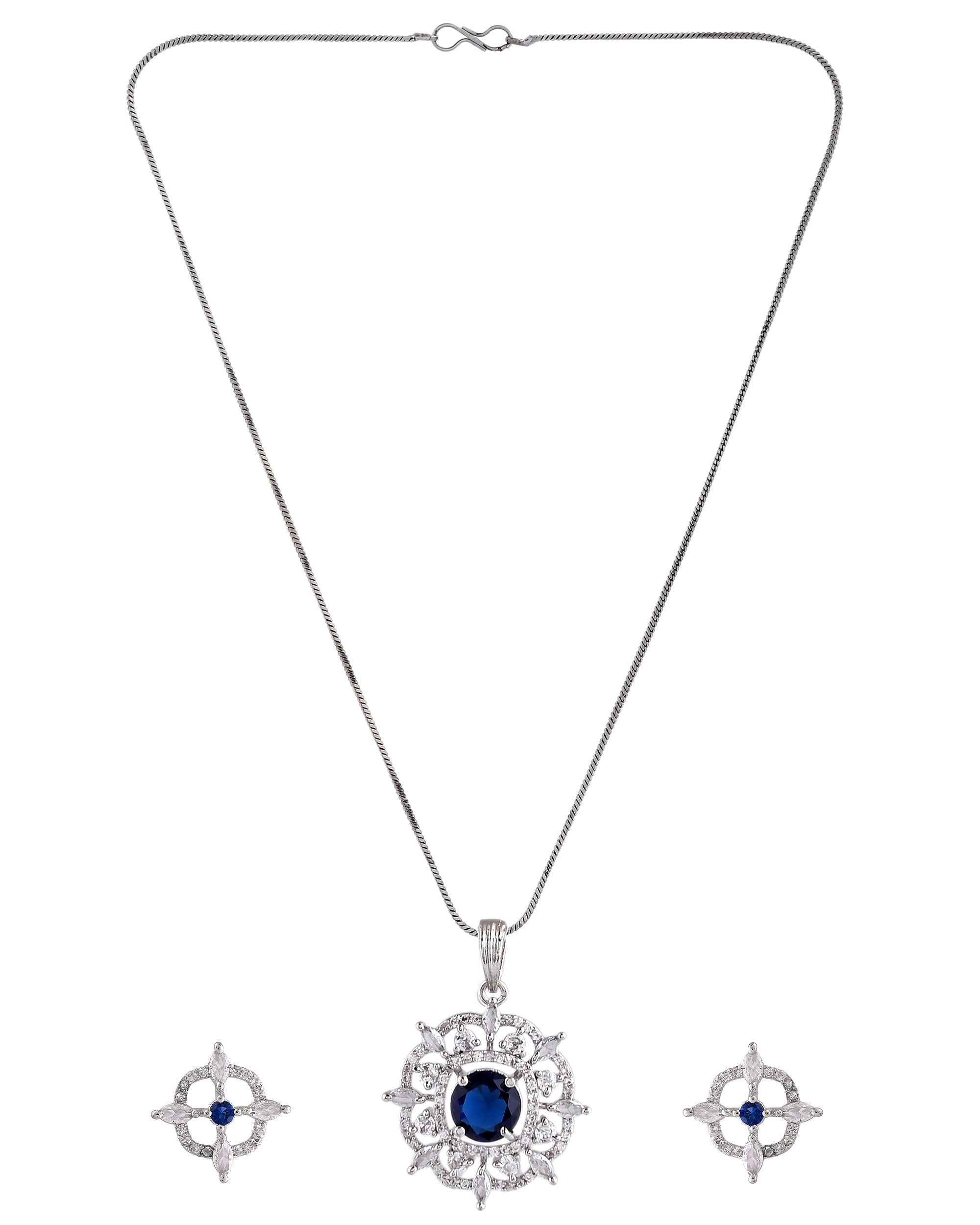 VOJ Silver Plated Blue Circular Stone Studded Sun Shaped Ad Pendant With Chain Set | Grocsy