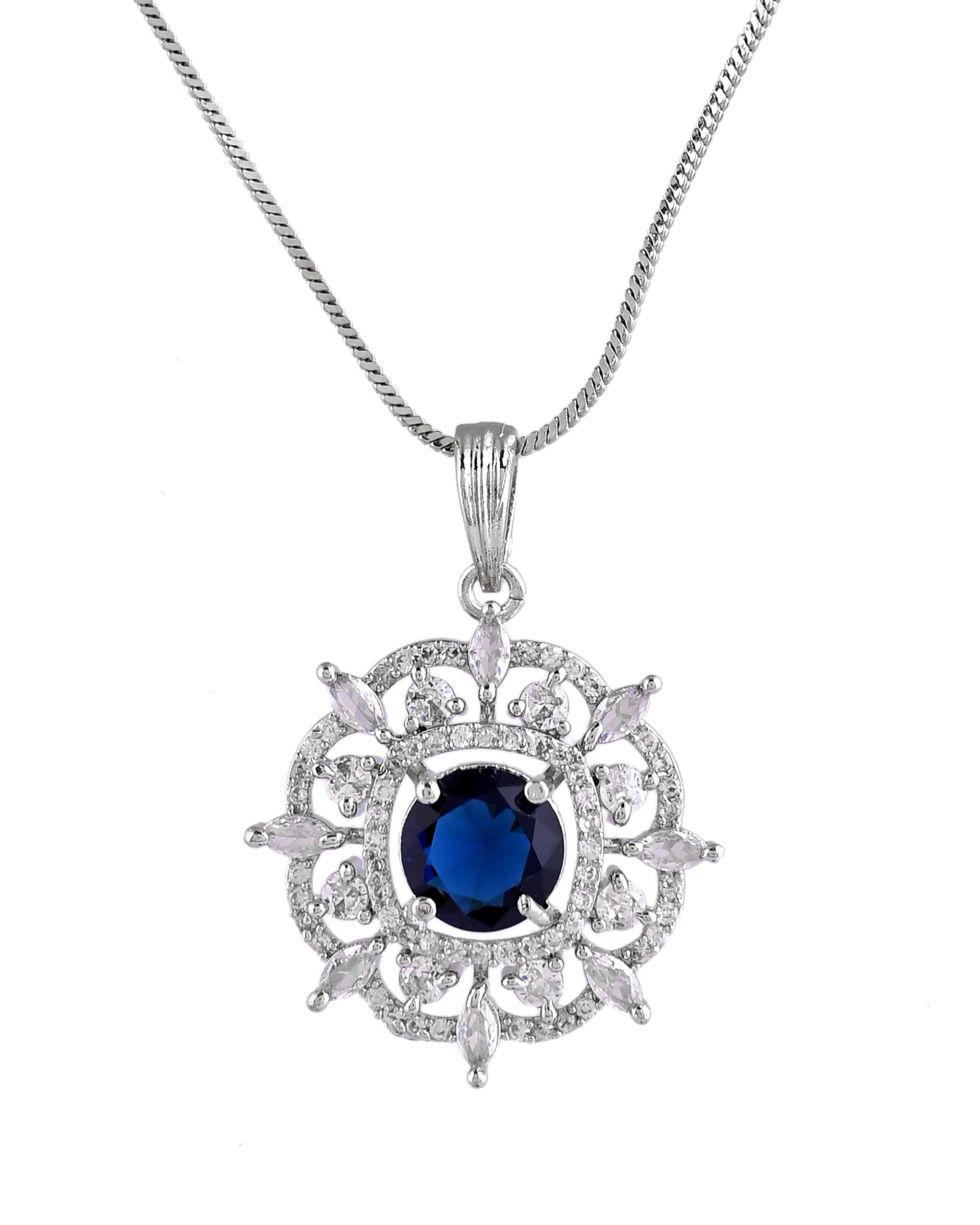 VOJ Silver Plated Blue Circular Stone Studded Sun Shaped Ad Pendant With Chain Set | Grocsy
