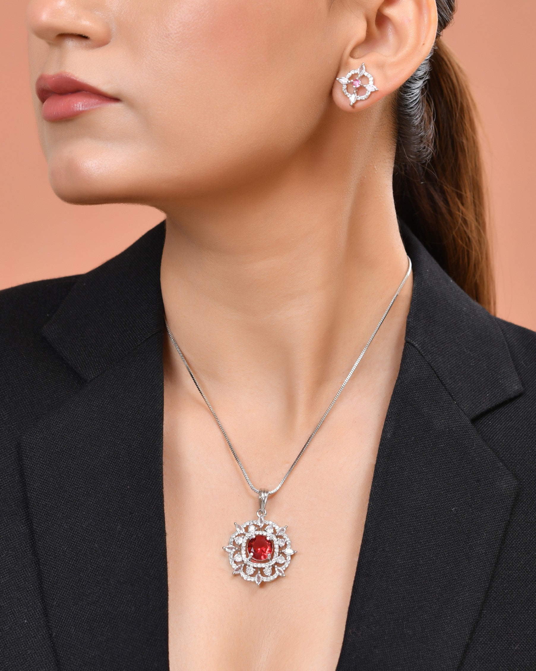 VOJ Silver Plated Ruby Red Circular Stone Studded Sun Shaped Ad Pendant With Chain Set | Grocsy