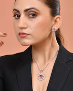 VOJ Silver Plated Ruby Red Circular Stone Studded Sun Shaped Ad Pendant With Chain Set | Grocsy