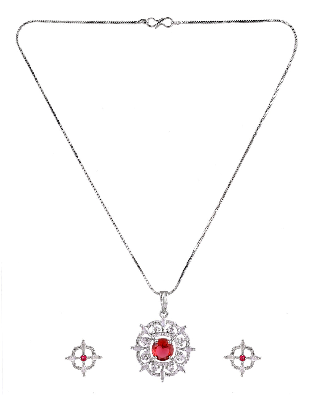 VOJ Silver Plated Ruby Red Circular Stone Studded Sun Shaped Ad Pendant With Chain Set | Grocsy