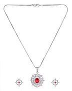 VOJ Silver Plated Ruby Red Circular Stone Studded Sun Shaped Ad Pendant With Chain Set | Grocsy
