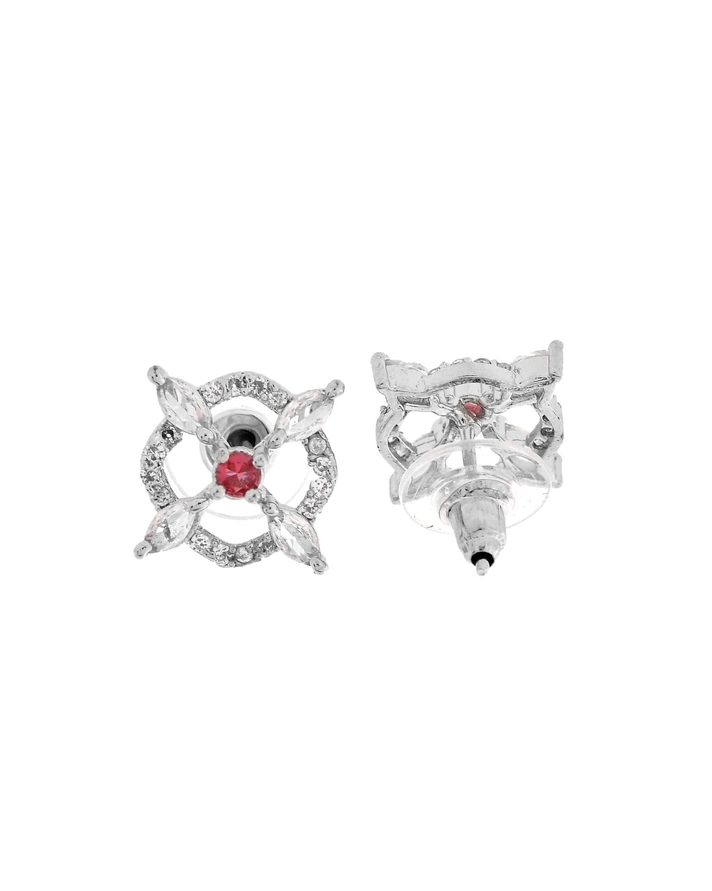 VOJ Silver Plated Ruby Red Circular Stone Studded Sun Shaped Ad Pendant With Chain Set | Grocsy