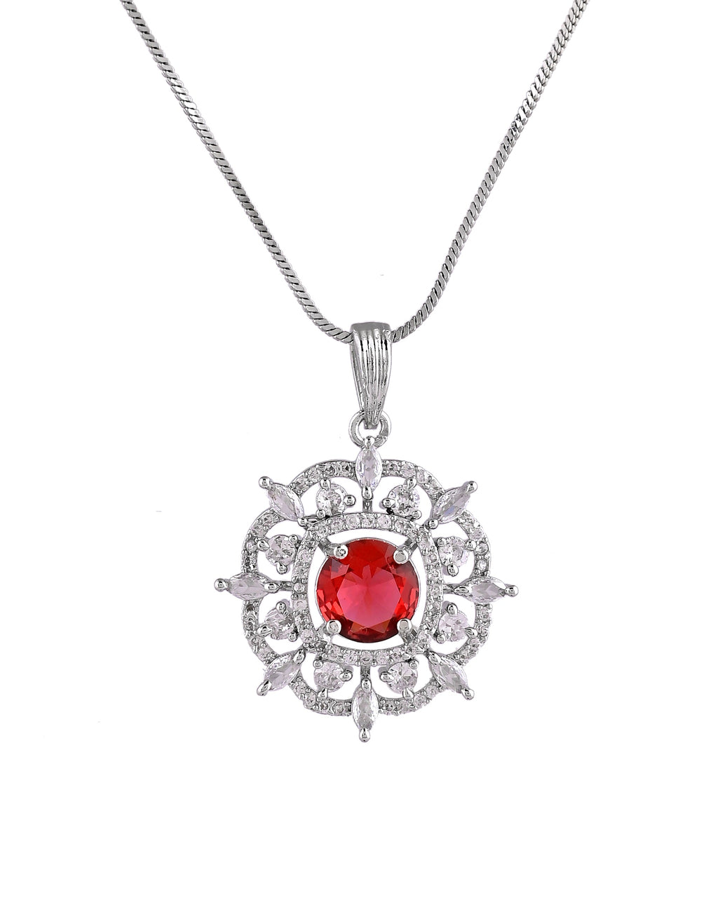 VOJ Silver Plated Ruby Red Circular Stone Studded Sun Shaped Ad Pendant With Chain Set | Grocsy