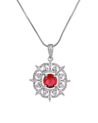 VOJ Silver Plated Ruby Red Circular Stone Studded Sun Shaped Ad Pendant With Chain Set | Grocsy