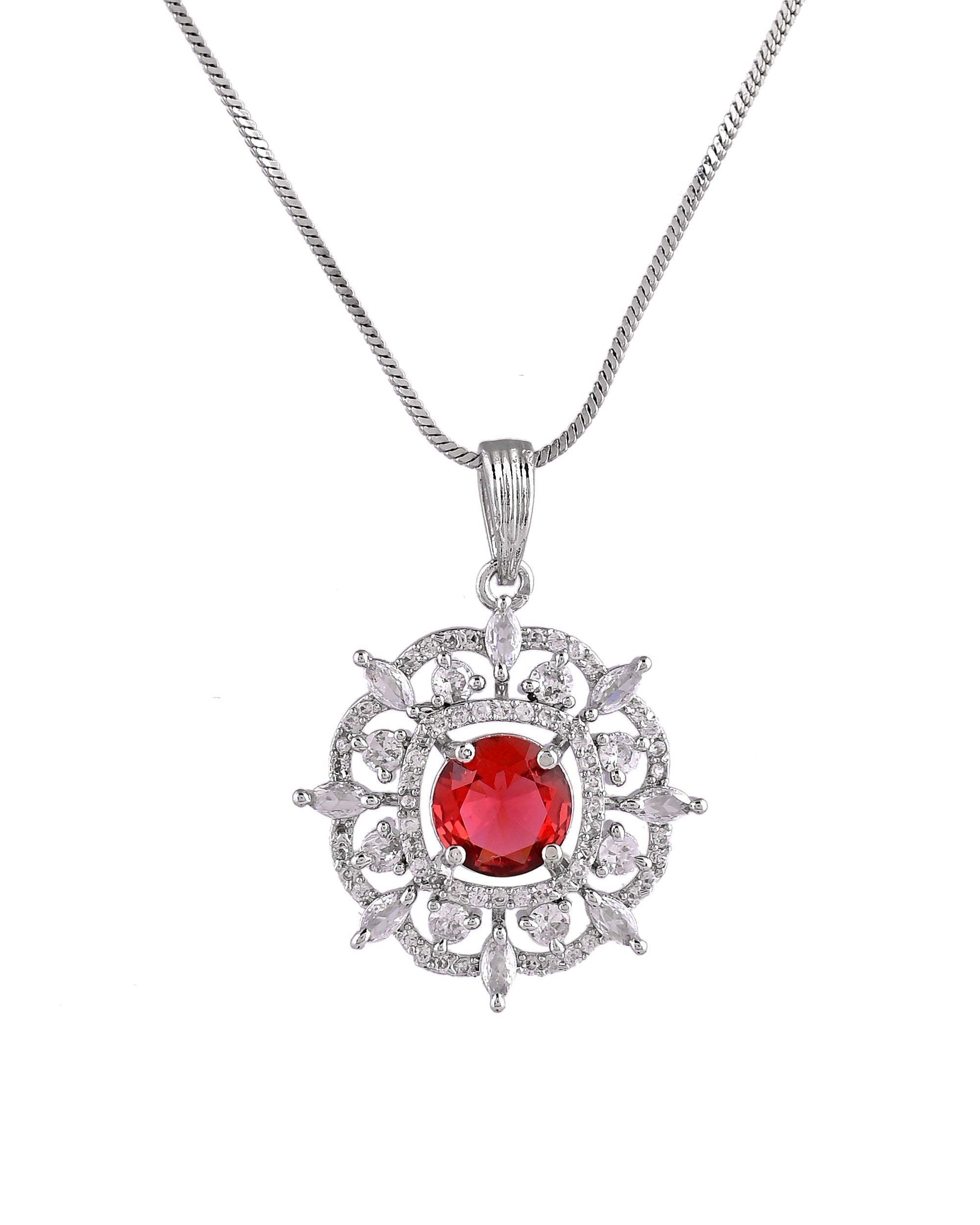 VOJ Silver Plated Ruby Red Circular Stone Studded Sun Shaped Ad Pendant With Chain Set | Grocsy