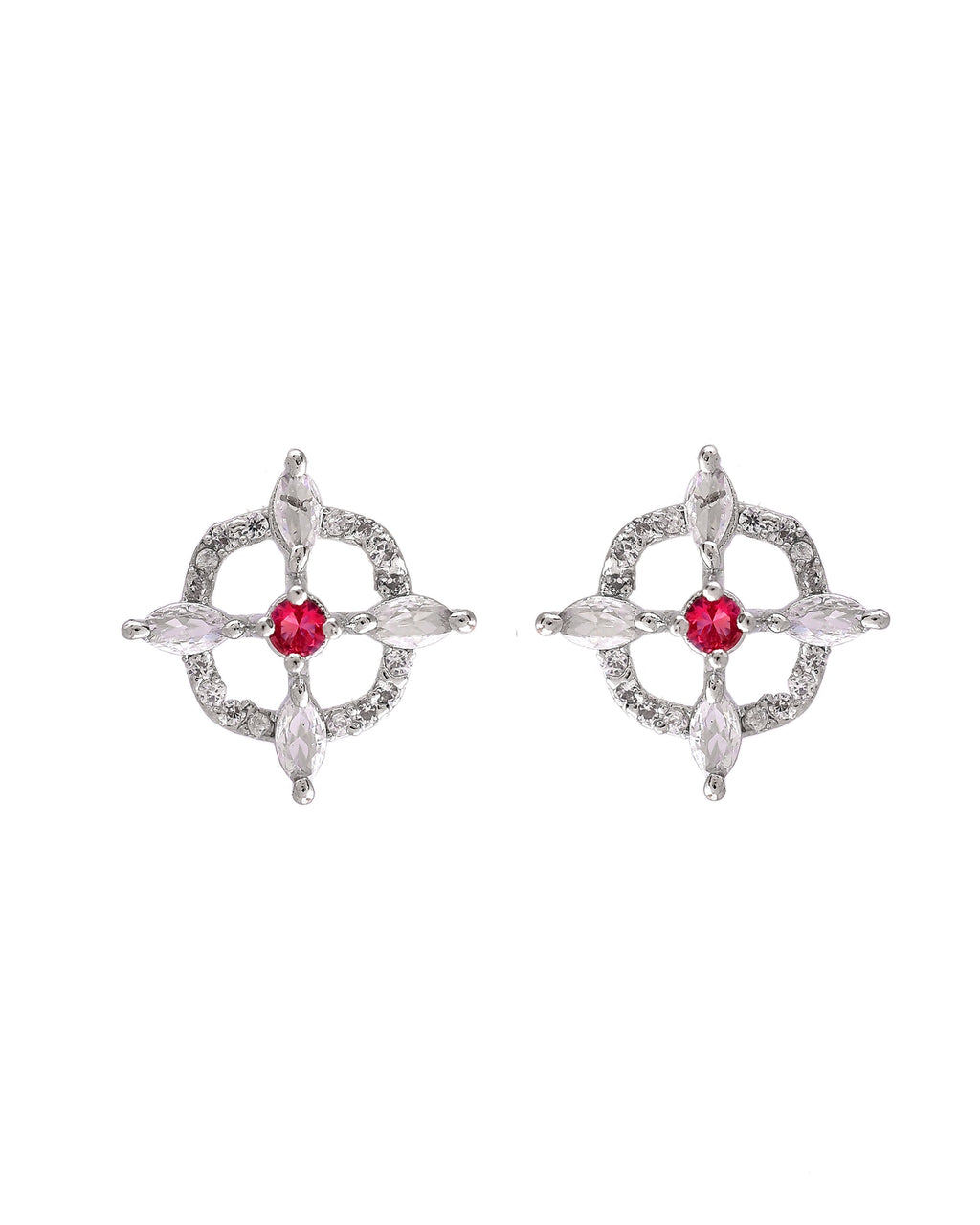 VOJ Silver Plated Ruby Red Circular Stone Studded Sun Shaped Ad Pendant With Chain Set | Grocsy