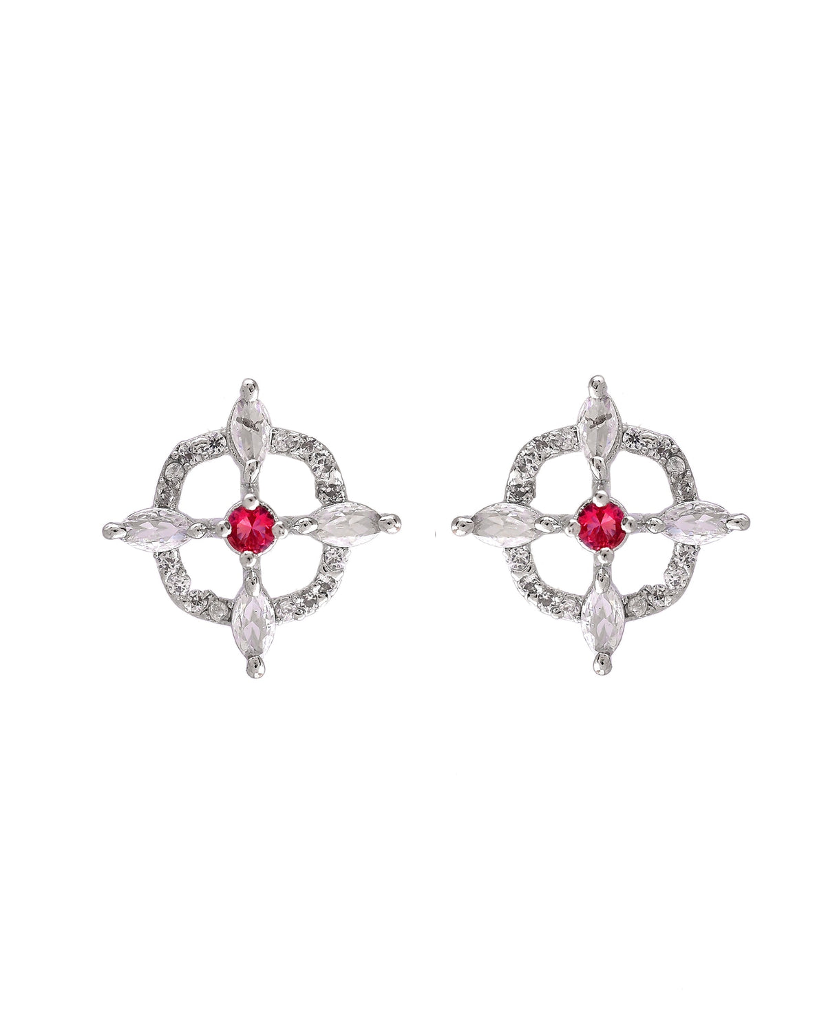 VOJ Silver Plated Ruby Red Circular Stone Studded Sun Shaped Ad Pendant With Chain Set | Grocsy
