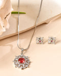 VOJ Silver Plated Ruby Red Circular Stone Studded Sun Shaped Ad Pendant With Chain Set | Grocsy